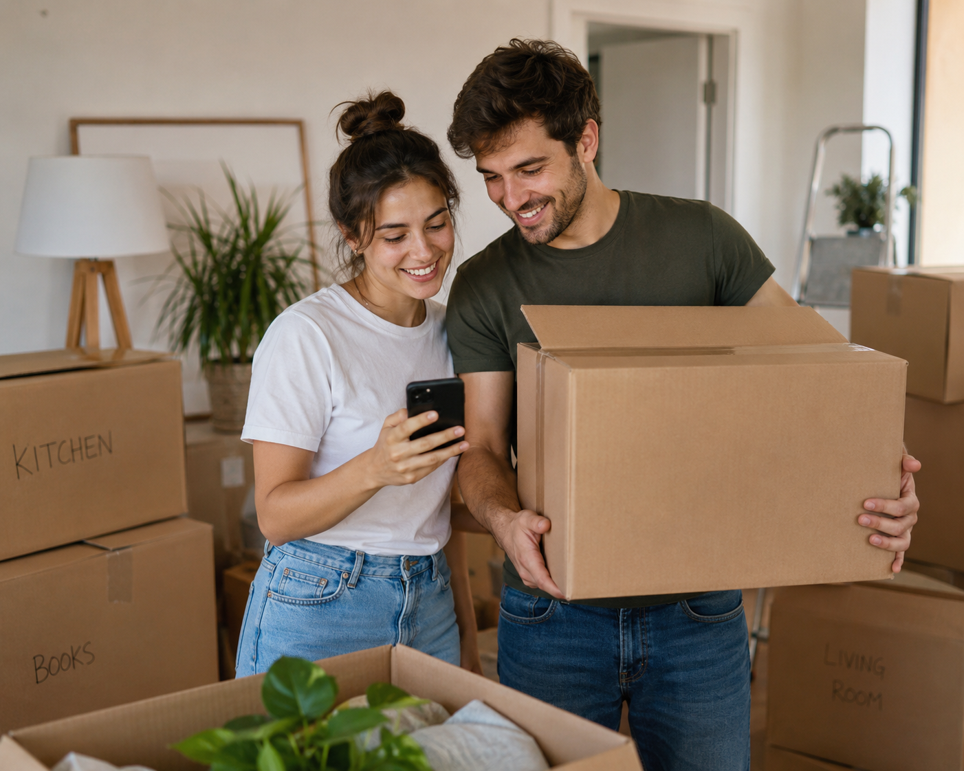 A young couple moving boxes, checking a phone together