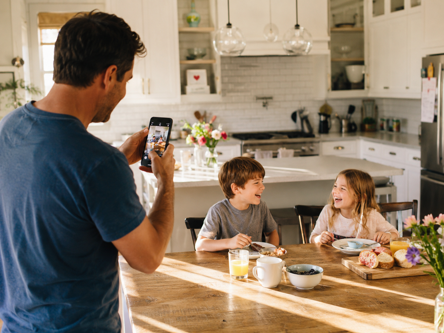 A dad in a sunny kitchen snapping a phone photo of his kids at the table